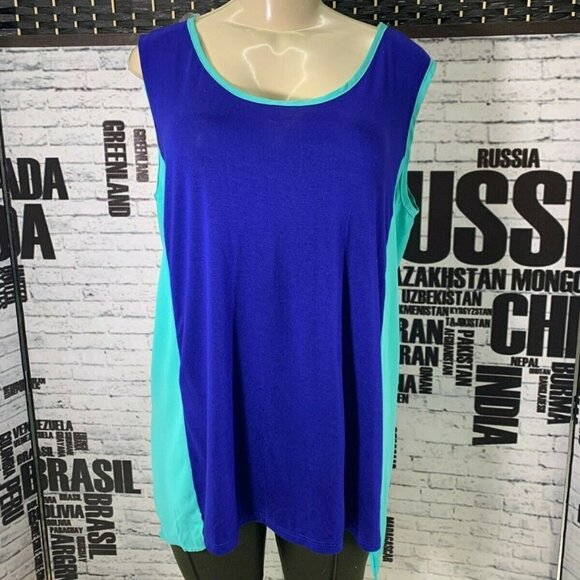 Cha Cha Vente Plus 1X Blue Color Block Pattern Scoop Neck Step-Hem Tank Top - Picture 1 of 6
